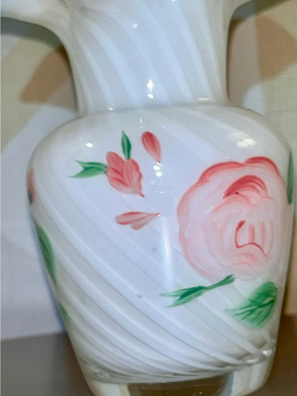 Fenton White Glass Vase with Pink Roses and Blue-Rim